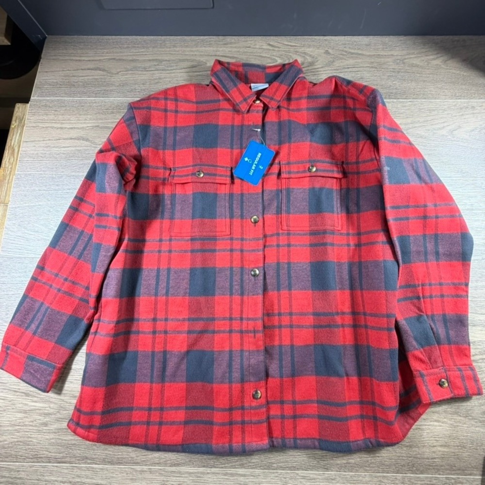 Columbia Women's Blue Point Creek Shirt Jacket Red Plaid Flannel Shacket XXL NEW